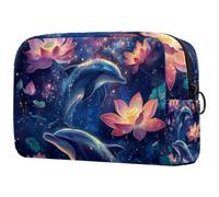 etoenbrc Borsa per il trucco con delfino e loto, con cielo stellato, borsa da viaggio riutilizzabile, borsa per cosmetici, grande borsa da toilette per adolescenti, ragazze, donne, 18,5 x 7,6 x 13 cm