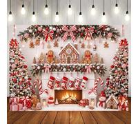 Etsyoki Sfondo natalizio per camino, motivo pan di zenzero, 3 x 2,4 m | Red White Winter Christmas Gingerbread House Party Decor Banner, albero di pino di Natale vacanza fotografia cabina puntello