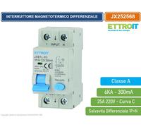 Interruttore magnetotermico differenziale 1P+N, 2 moduli, 230Vac, 25A, 300mA, 6KA, classe A - Ettroit JX252568
