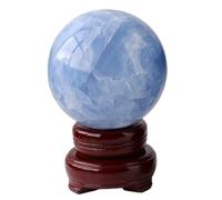 ETUELNOPT Decorazioni con Perline di Vetro, Sfera di Cristallo Celestite Blu 6-10 cm con Supporto in Legno(8~9cm)