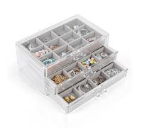 Euakee 3 Porta Gioielli da Cassetto, Cassetti Scatola Portagioie, Organizer Gioielli Espositore Anelli in Velluto Grigio, Trasparenti Acrilico Scatola, Organizzatore Collane, Braccialetti Orecchini