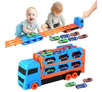 Euakee Camion Die-Cast Trasporto Auto con Pista da Corsa per Bambini - Giocattolo Regalo per Ragazzi e Ragazze 3-6 anni (Blu)