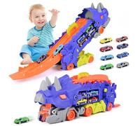 Euakee Camion Giocattolo Trasforma in Pista da Corsa, con 8 Macchinine per Bambini, Trasporto Camion Auto Giocattolo Portatile, Macchinine per Bambini 3 4 5 6 Anni (Viola)