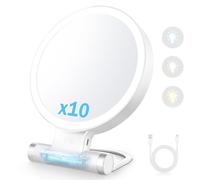 Euakee Specchio Trucco con Luci, 10X/1X Doppio Lato Portatile Illuminato Trucco Bellezza Specchio, 3 Modalità di Colore Che Oscurano lo Specchio Illuminato per Specchio D'ingrandimento da Viaggio