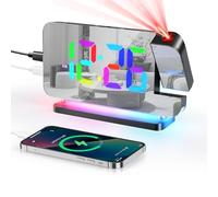 Euakee Sveglia Digitale, Sveglia con Proiezione, Orologio a Specchio LED da 7,4”, Luce Notturna a 10 Colori, Proiettore Ruotabile di 180°, Caricatore USB-C per Bambini Cameretta (Nero)