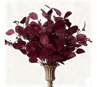 Eucalyptus Stems Leaves Artificial Flowers Long Silver Dollar Leaves Faux Bouquets Branches Decoration for Home Flower Arrangement Wedding Table Festival Farmhouse Party Halloween Deco (Red)