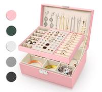 Eucomir Porta Gioielli Donna, Porta Gioielli da Viaggio Grande Gioielli Scatola Organizer 2 Strati Porta Gioielli Bambina in Pelle PU per Anelli Bracciali Orecchini Collane,Rosa Chiaro