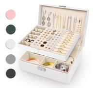Eucomir Porta Gioielli Donna, Porta Gioielli da Viaggio Grande Gioielli Scatola Organizer 2 Strati Porta Gioielli Bambina in Pelle PU per Anelli Bracciali Orecchini Collane,Bianco Latteo