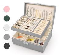 Eucomir Porta Gioielli Donna, Porta Gioielli da Viaggio Grande Gioielli Scatola Organizer 2 Strati Porta Gioielli Bambina in Pelle PU per Anelli Bracciali Orecchini Collane,Grigio