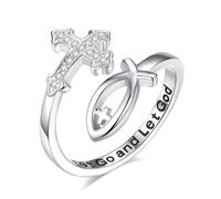 EUDORA Harmony Ball Anello d'argento 925 con Ichthus Cross e Pesce per le Donne, Anello Cristiano Della Croce Beata Regolabile di Fede lascia Andare e lasciare che Dio Agisca Gioielli Religiosi