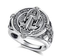 EUDORA Harmony Ball Anello di San Benedetto in Argento Sterling S925 per uomo e Donna, Anello Vintage Regolabile con Amuleto di San Benedetto Gioielli Cristiani Cattolici Regali per la Papà