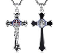 EUDORA Harmony Ball Collana con Croce di San Benedetto Crocifisso di San Benito Ossidiana per Donna e Uomo Argento Sterling 925, Ciondolo con Croce di San Benedetto Gioielli Cristiani Regali, 22"+2"