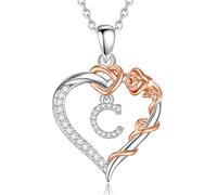 EUDORA Harmony Ball Collana con Iniziale a Forma di Cuore in Rame Placcato Rodio per Donna, Ciondolo a Forma di fiore in oro Rosa con Lettere Dell'alfabeto Dalla A alla Z Regalo di Gioielli, 18"+2"