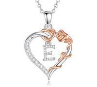EUDORA Harmony Ball Collana con Iniziale a Forma di Cuore in Rame Placcato Rodio per Donna, Ciondolo a Forma di fiore in oro Rosa con Lettere Dell'alfabeto Dalla A alla Z Regalo di Gioielli, 18"+2"