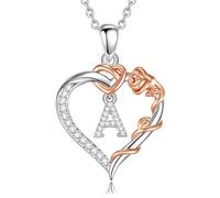 EUDORA Harmony Ball Collana con Iniziale a Forma di Cuore in Rame Placcato Rodio per Donna, Ciondolo a Forma di fiore in oro Rosa con Lettere Dell'alfabeto Dalla A alla Z Regalo di Gioielli, 18"+2"