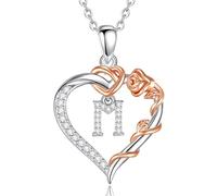 EUDORA Harmony Ball Collana con Iniziale a Forma di Cuore Placcata in Rame Rodiato con Zirconi Cubici per Donna, Ciondolo a Forma di Fiore in Oro Rosa con Lettera M Alfabeto Dalla M Regalo, 18"+2"