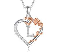EUDORA Harmony Ball Collana con Iniziale a Forma di Cuore Placcata in Rame Rodiato con Zirconi Cubici per Donna, Ciondolo a Forma di Fiore in Oro Rosa con Lettera L Alfabeto Dalla L Regalo, 18"+2"