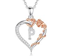 EUDORA Harmony Ball Collana con Iniziale a Forma di Cuore Placcata in Rame Rodiato con Zirconi Cubici per Donna, Ciondolo a Forma di Fiore in Oro Rosa con Lettera P Alfabeto Dalla P Regalo, 18"+2"