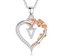 EUDORA Harmony Ball Collana con Iniziale a Forma di Cuore Placcata in Rame Rodiato con Zirconi Cubici per Donna, Ciondolo a Forma di Fiore in Oro Rosa con Lettera V Alfabeto Dalla V Regalo, 18"+2"