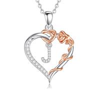 EUDORA Harmony Ball Collana con Iniziale a Forma di Cuore Placcata in Rame Rodiato con Zirconi Cubici per Donna, Ciondolo a Forma di Fiore in Oro Rosa con Lettera J Alfabeto Dalla J Regalo, 18"+2"