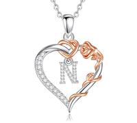 EUDORA Harmony Ball Collana con Iniziale a Forma di Cuore Placcata in Rame Rodiato con Zirconi Cubici per Donna, Ciondolo a Forma di Fiore in Oro Rosa con Lettera N Alfabeto Dalla N Regalo, 18"+2"