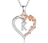 EUDORA Harmony Ball Collana con Iniziale a Forma di Cuore Placcata in Rame Rodiato con Zirconi Cubici per Donna, Ciondolo a Forma di Fiore in Oro Rosa con Lettera K Alfabeto Dalla K Regalo, 18"+2"
