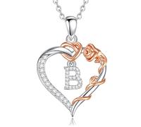 EUDORA Harmony Ball Collana con Iniziale a Forma di Cuore Placcata in Rame Rodiato con Zirconi Cubici per Donna, Ciondolo a Forma di Fiore in Oro Rosa con Lettera B Alfabeto Dalla B Regalo, 18"+2"