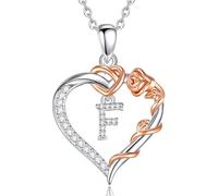 EUDORA Harmony Ball Collana con Iniziale a Forma di Cuore Placcata in Rame Rodiato con Zirconi Cubici per Donna, Ciondolo a Forma di Fiore in Oro Rosa con Lettera F Alfabeto Dalla F Regalo, 18"+2"