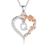 EUDORA Harmony Ball Collana con Iniziale a Forma di Cuore Placcata in Rame Rodiato con Zirconi Cubici per Donna, Ciondolo a Forma di Fiore in Oro Rosa con Lettera Q Alfabeto Dalla Q Regalo, 18"+2"
