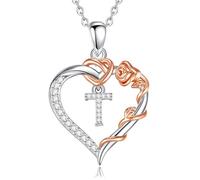 EUDORA Harmony Ball Collana con Iniziale a Forma di Cuore Placcata in Rame Rodiato con Zirconi Cubici per Donna, Ciondolo a Forma di Fiore in Oro Rosa con Lettera T Alfabeto Dalla T Regalo, 18"+2"