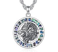 EUDORA Harmony Ball Collana Lupo Vichingo Argento Sterling 925 per Donna e Uomo, Ciondolo Lupo Valknut Vintage con Conchiglia Abalone Gioiello Nordico con Rune Vichinghe Regalo, Catena da 22 Pollici