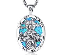 EUDORA Harmony Ball S925 Collana con Medaglia di San Giuda Tadeo in Argento Sterling con Opale Blu per Donna Uomo, Ciondolo Amuleto di San Giuda Taddeo Gioielli Cattolici Cristiani Regali, 24" + 20"