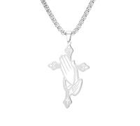 EUEAVAN Collana con ciondolo a forma di croce con mano in preghiera, cattolica, con ciondolo a forma di rosario, amuleto cristiano, gioiello religioso, regalo per uomo, Medio, Acciaio inossidabile