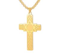 EUEAVAN Collana con croce e stella di David da uomo Ciondolo con nodo celtico, esagramma e stella di David Amuleto della fede con croce di Cristo Gioielli religiosi cristiani ed ebraici Regalo (Oro)