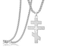 EUEAVAN Collana con croce ortodossa russa IC XC NIKA Croce orientale Pendente Gesù Cristo Amuleto greco bizantino Gioielli religiosi cristiani retrò Regalo cattolico per donne e uomini (argento 1)