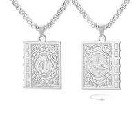 EUEAVAN Collana islamica doppio lato Corano Libro Maometto Profeta Allah Ciondolo Calligrafia araba Ayatul Kursi Gioielli religiosi musulmani Islam Eid Ramadan Regalo per uomini e donne (Argento)