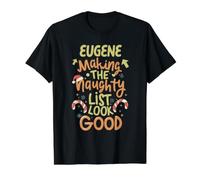 Eugene Naughty List Divertente Natale Nome Eugene Personalizzato Maglietta con Stampa Grafica Economica, Uomo, Nero, XL