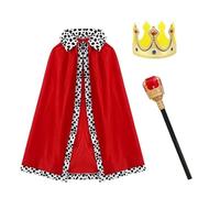 EUIYCBA Set costume da re per bambini con mantello reale, mantello e corona, vestaglia in velluto rosso per compleanno, festa di Halloween, presepe medievale (set da 3 pezzi, lunghezza 90 cm)
