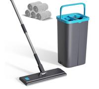 Eukue Mocio Lavapavimenti, Set di Mop Piatti Con Manico Regolabile in Acciaio Inox, Mocio Professionale a Secchio Con 6 Teste di Mop in Fibra, Adatto per Piastrelle, Pavimenti in Laminato, Grigiastro