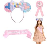 EULAPGOE Cerchietto Orecchie Topolino Bambina 3 Pezzi Set Compleanno Cosplay Rosa Azzurro con Fiocco Paillettes Badge e Nastro per Feste Travestimenti