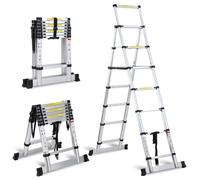 Eulenke Scala telescopica in alluminio, 2 m + 2, 3 m 6 + 7 gradini A scala retrattile, scala pieghevole Carico Massimo 150 kg, scala allungabile allungabile, antiscivolo, multifunzionale, argento