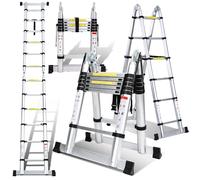 Eulenke Scala telescopica in alluminio 3,8 m (1, 9 + 1, 9) m, scala retrattile con barra di bilanciamento, scala pieghevole carico massimo 150 kg, scala allungabile antiscivolo, argento