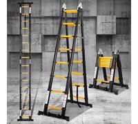 Eulenke Scala telescopica in alluminio 5 m / 2,5m + 2,5m, scala pieghevole con bilanciere e ruote, scala retrattile portata 150 kg, scala pieghevole salvaspazio, antiscivolo, nero e giallo