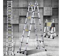 Eulenke Scala telescopica in alluminio 5 m / 2,5m + 2,5m, scala pieghevole con bilanciere e ruote, scala retrattile portata 150 kg, scala pieghevole salvaspazio, antiscivolo, argento