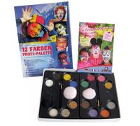 Eulenspiegel 212011 - Palette trucco professionale, 12 colori professionali acquatici, 2 spugne, 2 pennelli, 3 glitter, 1 spugna per barba, 1 guida al trucco