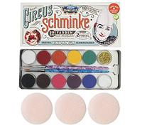 Eulenspiegel Profi-Schminkfarben 212288 - Paletta in metallo Circus Roncalli, 10 colori da 3,5 ml, 1 glitter Classic Gold, madreperla, 2 pennelli per celebrazione, 3 spugne e spugna barba