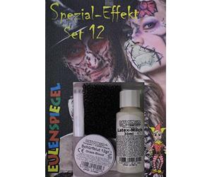 Eulenspiegel - Set di trucco per effetti speciali 12 | Latte di lattice 30 ml, Mastix-Sensitive 2 ml, sangue finto e spugna per barba incolta, per Halloween ed effetti horror