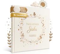 EULENTALER L'album per bambini il mio primo anno "SCANDI", progettato da educatori, con graziose illustrazioni dipinte a mano, copertina in lino + colore/oro goffrato, diario per bambini e ragazze per