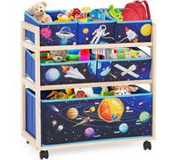 EULEUY Scaffale Portagiochi Bambini, Contenitore Giochi con 6 Scatole, Organizer per Giocattoli a 3 Livelli, Scatola Porta Giocattoli per Cameretta Bambini, Scuola, Asilo, Motivo Pianeta (Blu)