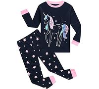 EULLA Pigiama da bambina, a maniche lunghe, in cotone, con unicorno, principessa, coniglio, gufo, 2 pezzi, pigiama da notte, 1-7 anni, B-blu scuro lampada con unicorno scuro, 122 cm